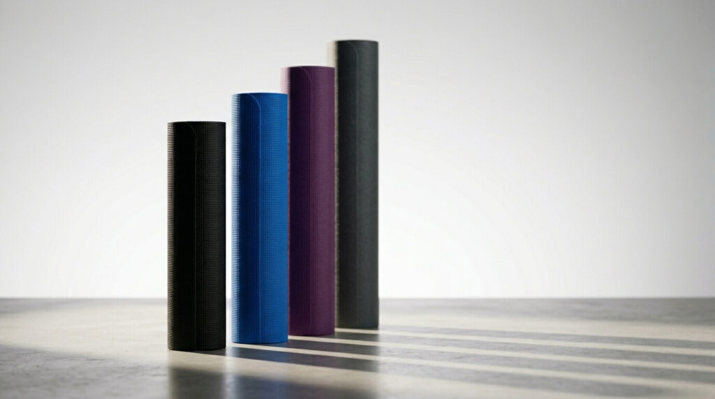 Multiple 6mm anti-slip yoga mats arranged for comparison under 600 rupees budget