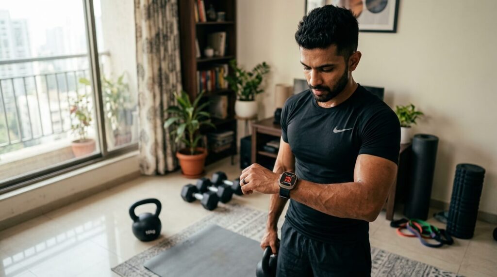 Athletic person checking fitness stats on smartwatch during home workout session
