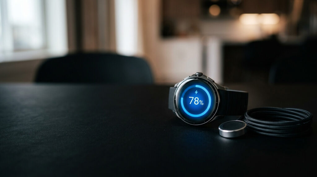 Smartwatch displaying battery life and charging features on screen with charging cable