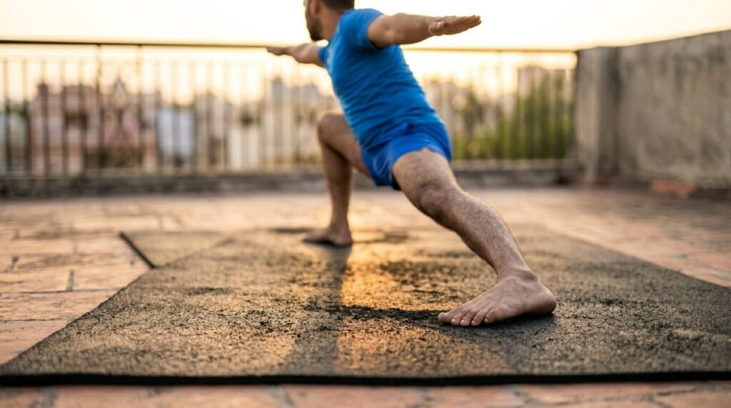 Person testing anti-slip grip of 6mm yoga mat during warrior pose in home workout space